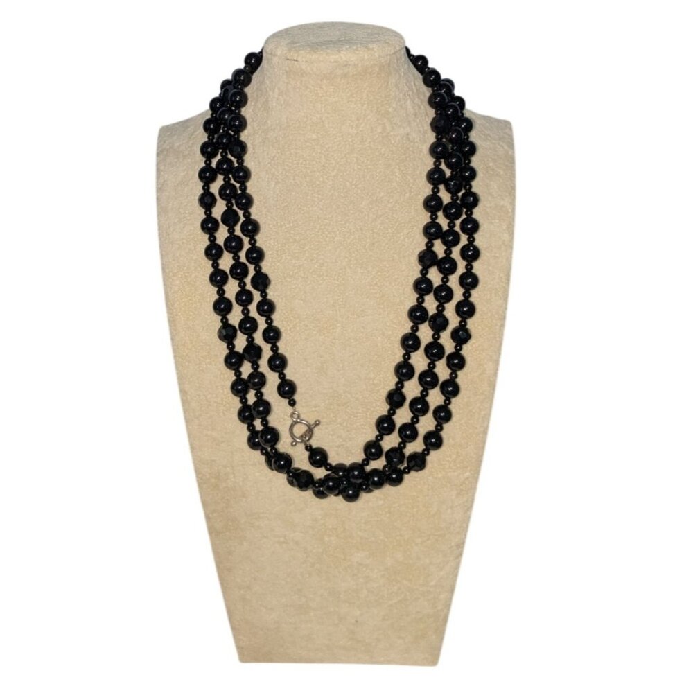 Black Beaded 64" Necklace Faceted Beads Silver Toggle Closure - Picture 4 of 14